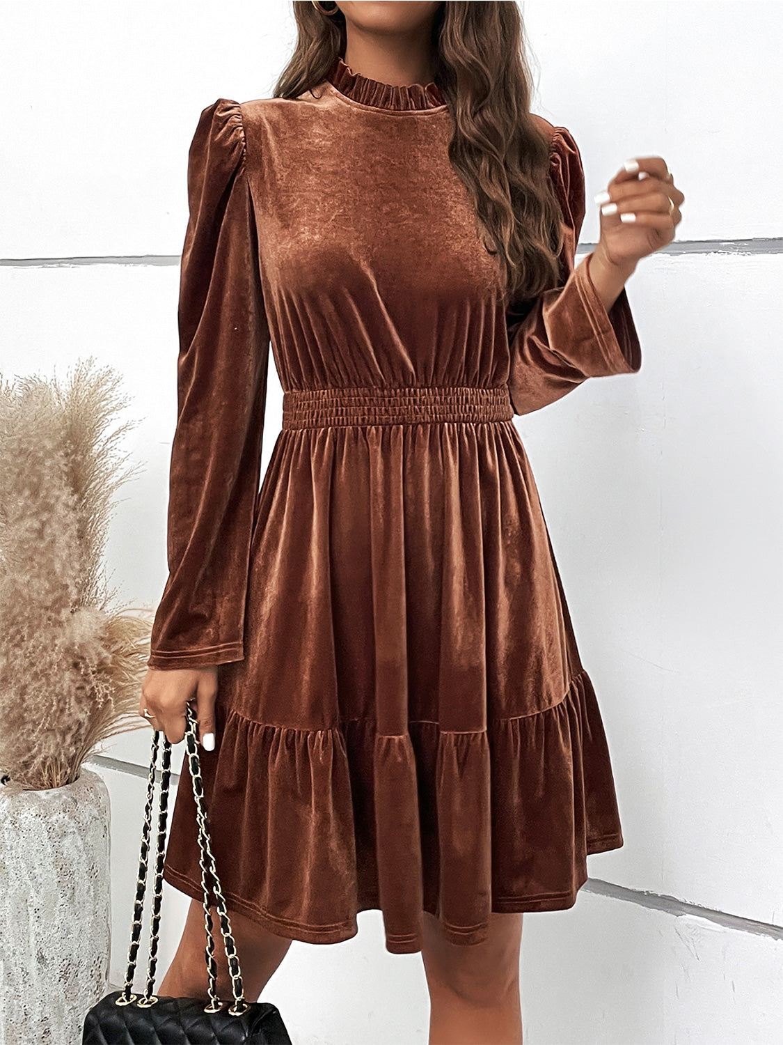 Smocked Long Sleeve Ruffle Hem Dress