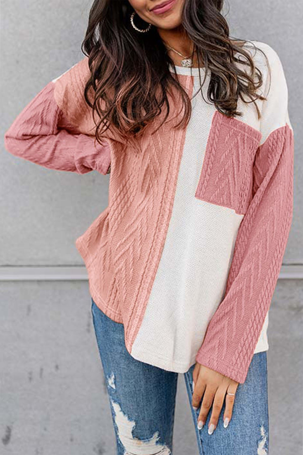 Full Size Color Block Cable-Knit Tops